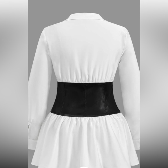 Plus Size Faux Leather Patchwork Long Sleeve Button Mini Dress - Picture 2 of 4